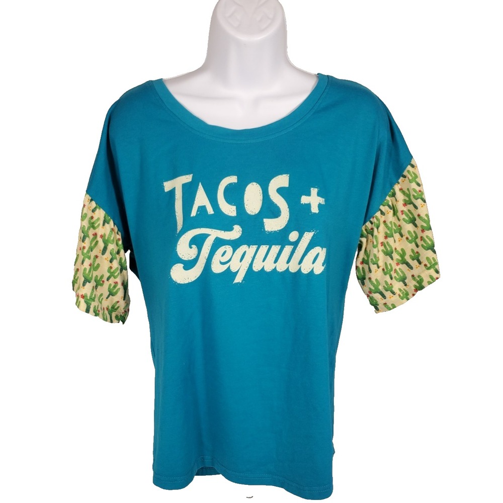 Tacos and Tequila Shirt Women's Small Turquoise/ Cactus Short Sleeves Blue Green